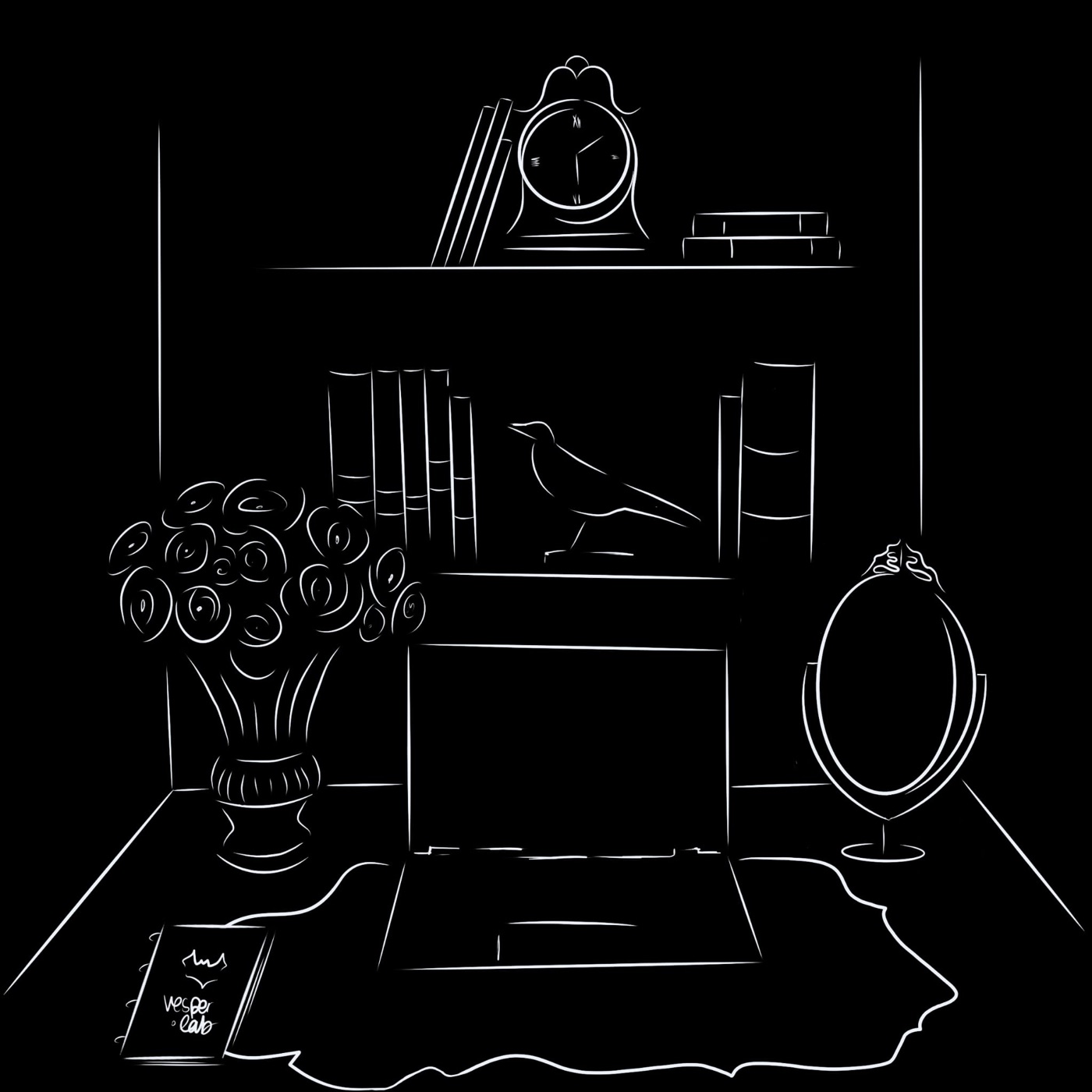 Illustration au trait blanc sur fond noir : une étagère avec une horloge, des livres, un oiseau et un miroir.