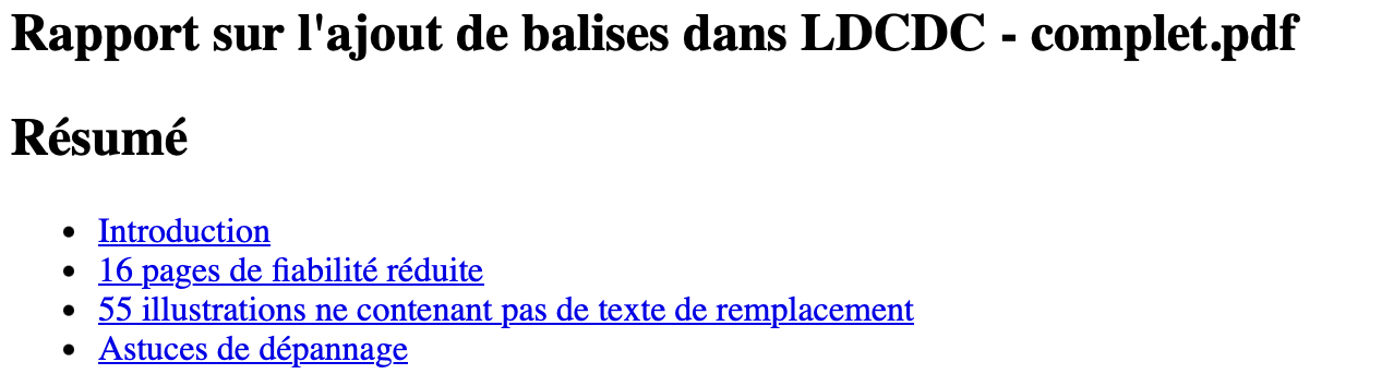 Résumé du rapport de balisage automatique d'Acrobat, listant 16 pages de fiabilité réduite et 55 illustrations sans texte de remplacement