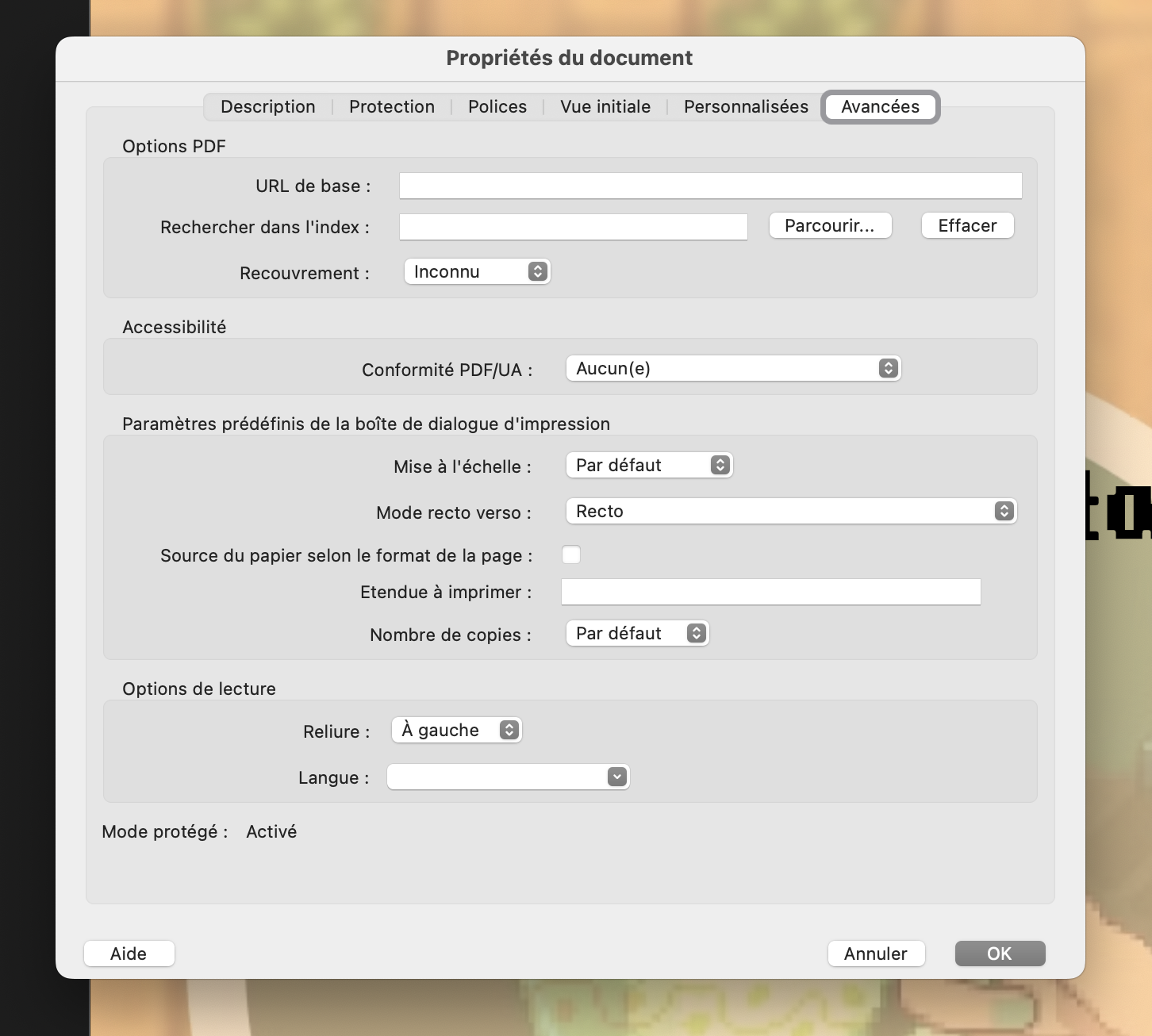 Fenêtre Propriétés du document d'Acrobat, onglet Avancées : la conformité PDF/UA est réglée sur « Aucun(e) » et le champ Langue, en bas, est vide