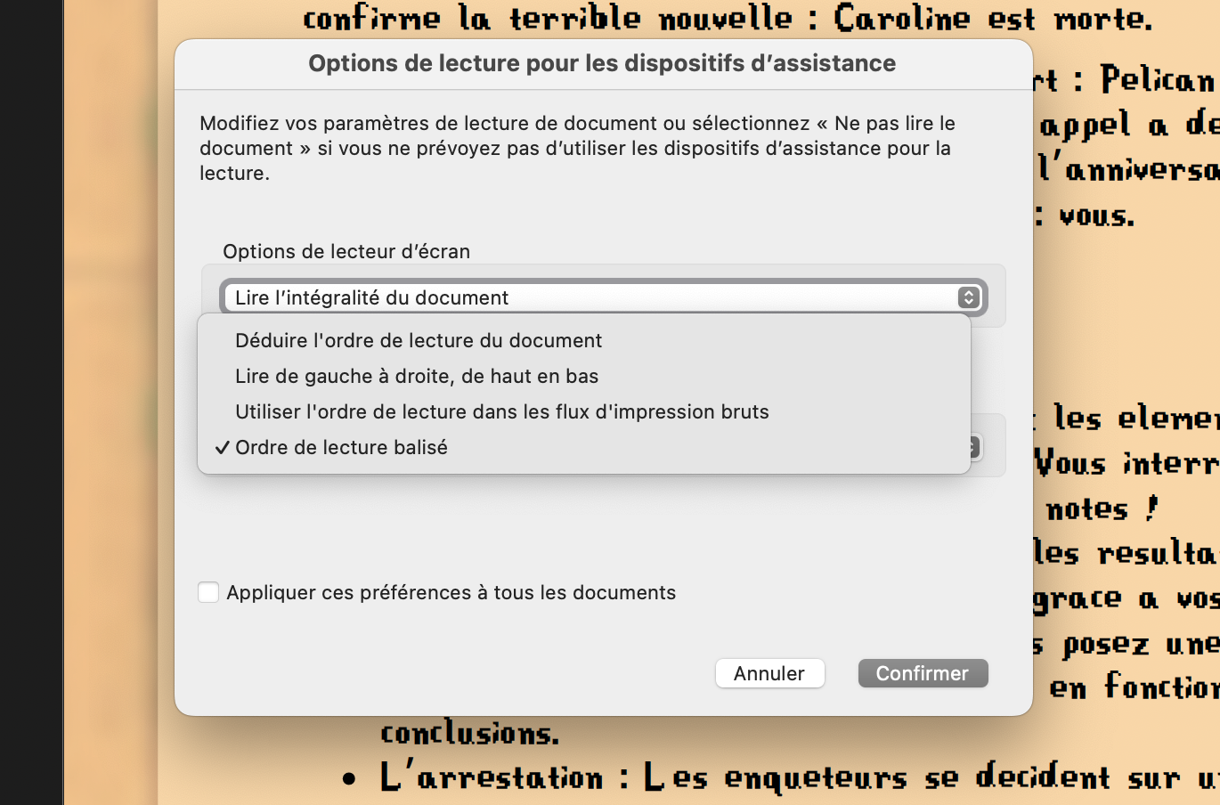 Fenêtre des options de lecture pour lecteurs d'écran d'Acrobat, avec l'option « Ordre de lecture balisé » sélectionnée parmi les choix disponibles