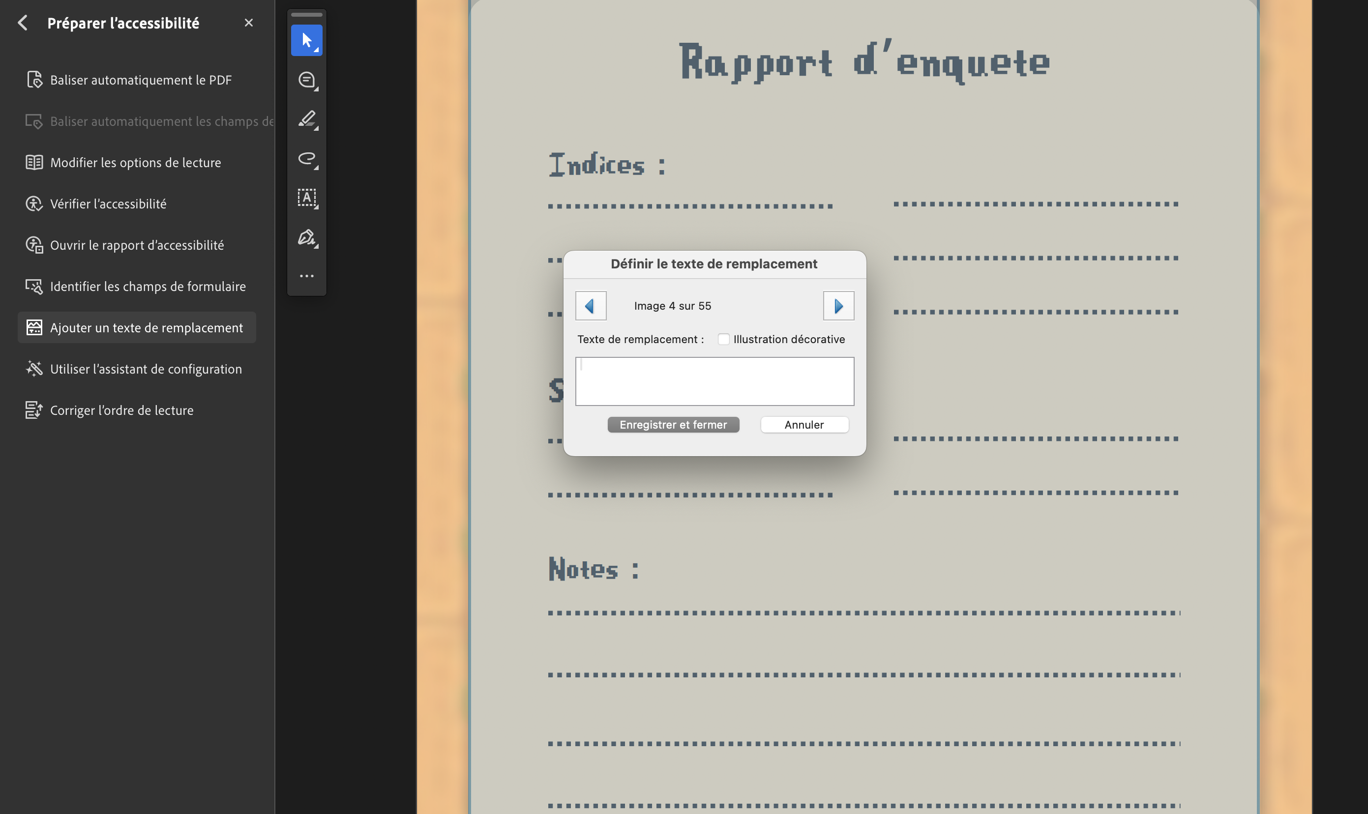 Panneau d'accessibilité d'Acrobat, outil « Ajouter un texte de remplacement » : une fenêtre affiche « Image 4 sur 55 » avec un champ de texte alternatif vide, par-dessus une page entière du document reconnue comme une seule image