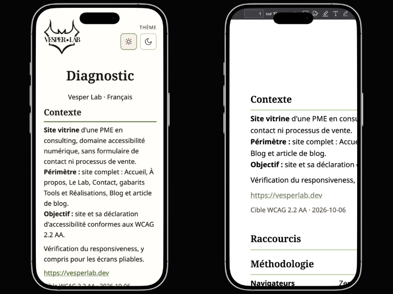 Deux téléphones côte à côte affichent le même diagnostic d'accessibilité de Vesper Lab. À gauche, la version HTML : le texte s'adapte à la largeur de l'écran et se lit en entier, avec un bouton de thème clair ou sombre. À droite, la version PDF dans une visionneuse : la page A4 dépasse de l'écran, les phrases sont coupées sur le bord droit et une grande marge blanche occupe le haut.